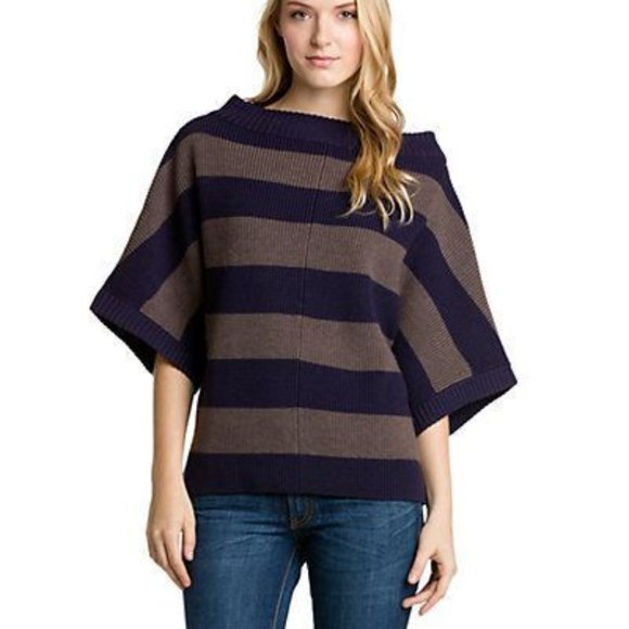 Tory Burch Wool Boat Neck Dolman Short Sleeve Striped Chunky Pullover - Picture 1 of 8